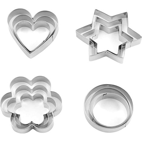 Emporte-pièce - Acier Inoxydable Alimentaire - Étoile Cœur Fleur Cercle - 12 Pièces - Pour Pâtisserie Fêtes Et Décorations - Lot Complet (1/5)