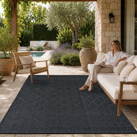 Paco Home Tapis Intérieur & Extérieur Balcon Terrasse Cuisine Motif Ethnique Boho Moderne 80x250 cm, Anthracite 2 (1/5)