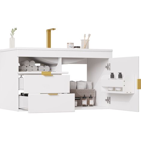 Meuble de salle de bain 76 cm avec vasque intégrée, meuble sous-vasque mural avec éclairage LED et commande par application, finition bois blanc, fermeture amortie, sans robinetterie (1/5)