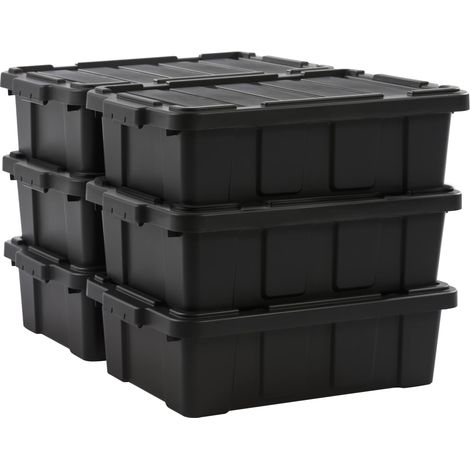 Caisse Rangement avec Couvercle Robuste, 25L, Lot de 6, Noir, Compact, Durable, Empilable, pour Garage, Etagères, Déménagement, Plastique, Boite a Outils, Bac de Rangement, DDSKT-230 (1/5)