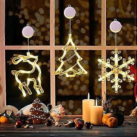 Guirlande lumineuse de Noël LOLStar pour fenêtre - Lot de 3 guirlandes blanches chaudes en forme de rennes et de flocons de neige, avec ventouse, minuterie et mode de fondu lent, fonctionne sur piles. (1/4)