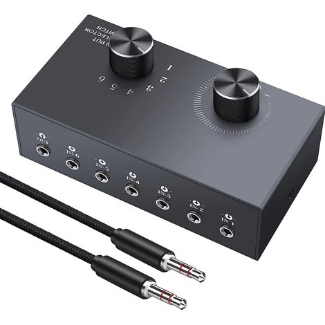 Commutateur Audio 6 Ports Bidirectionnel 6 Entrées 1 Sortie / 1 Entrée 6 Sorties 3.5mm + 6.35mm Jack Contrôle du Volume Prise de Terre Boîtier Métallique Passif sans Alimentation Câble Inclus (1/5)
