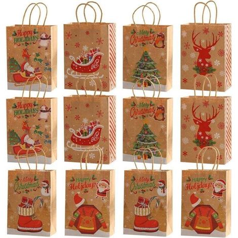 Lot de 12 sacs cadeaux de Noël en papier kraft – 21x15x8 cm avec poignée – Motifs classiques pour bonbons et biscuits (1/5)
