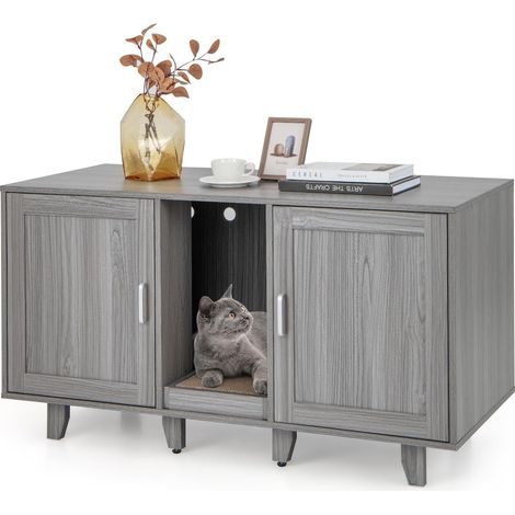 COSTWAY Cajas de Arena para Gatos, Casa de Baño Oculto para Mascota con 2 Puertas, Arenero Cubierto con Entrada Sinuosa y Tablero Rascador, Mesa Auxiliar para Gatos 120 x 52 x 65 cm (Gris Oscuro) (1/5)