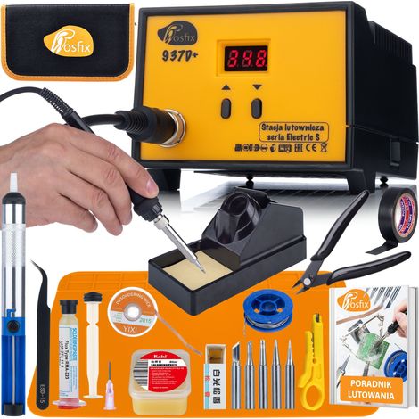 Rosfix 937D+ ProKit 60W - Stazione saldante con LED + kit 15 in 1 in organizer  200-480 °C  Flux  Stagno  Tappetino in silicone  Pinzette  Accessori di servizio  Guida in PDF