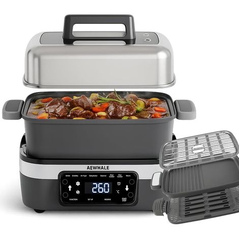 8 en 1 Cuiseur Vapeur électrique Multifonction 4.25L pour Cuisson Lente,Friteuse Sans Huile,Maintien au Chaud ,1500W,Sans BPA,Empilable,Lave-Vaisselle