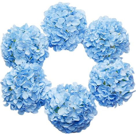 lot De 6 Grands Hortensias En Soie Artificiels (bleu) Avec Des Tiges De Bandeau De Faux Hortensias Blancs Pour Les Centres De Table De Jardin De M (1/5)