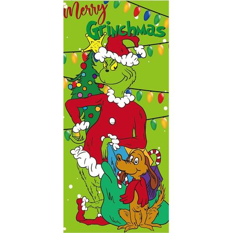 Décoration de porte Grinch vert, tissu d'ambiance, rideau de porte suspendu, bannière - 90 x 180 cm (œillets + ruban) - Style 37