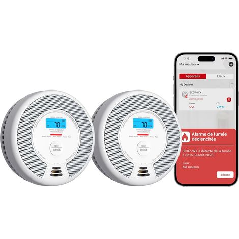 Détecteur de Fumée et de CO Connecté Wi-FI, SC07-WX, Lot de 2 avec Écran LCD et voyant LED, Pile Remplaçable et Notifications en Temps Réel (1/5)