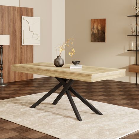 Tavolo da pranzo allungabile 140-180x80 cm rovere in MDF con piano spesso e gambe incrociate (1/5)
