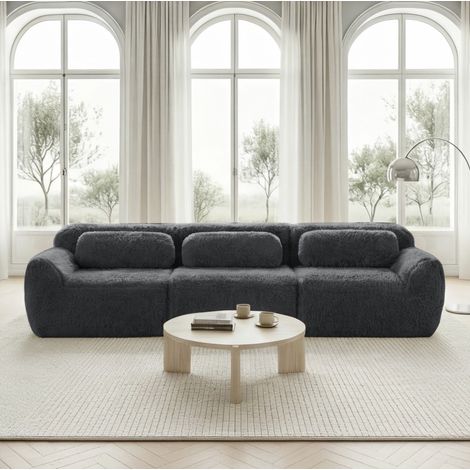 Sofá bajo modular de 3 plazas en tejido peluche gris, 291 x 104 x 73 cm DESVIAE (1/5)