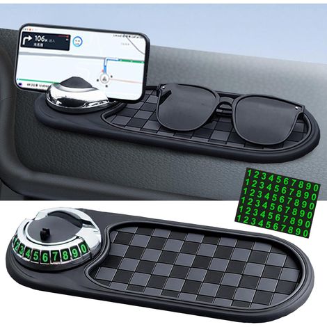 Alfombrilla antideslizante multifuncional para coche con soporte para teléfono móvil, alfombrilla antideslizante giratoria 360° con número de aparcamiento, para decoración del coche