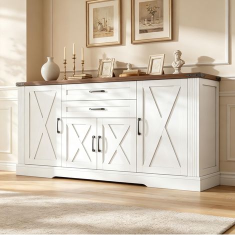 Credenza da soggiorno con 4 ante e 2 cassetti, contenitore regolabile, 160x39x81,5 cm, MDF e truciolato bianchi (1/5)