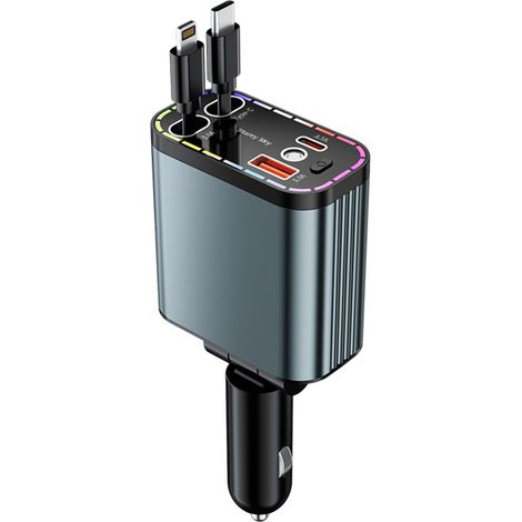 152-W-4-in-1-Autoladegerät mit einziehbarem Stecker, Zigarettenanzünder und USB-C/Lightning-Anschluss (1/5)