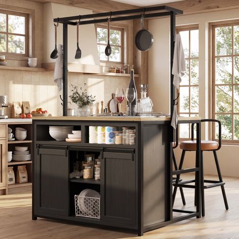 Mobile cucina 107/62/183 cm in nero con presa elettrica, ante scorrevoli e mensola (1/5)