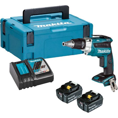 Makita DFS250RTJ Cordless 18V LXT Brushless Drywall Screwdriver - 2x 5Ah Batteries, Charger & Makpac 2 Case