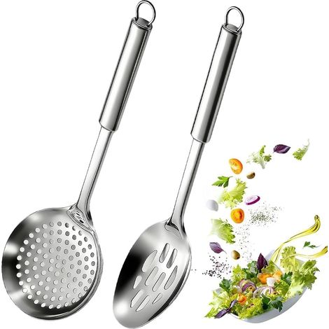 Cuillère Écumoire Ustensile De Passoire À Huile Avec Manche Long 2 Pièces Cuillère Passoire en Métal Pour Le Service D'Aliments Chauds, Soupe, Nouilles, Pâtes, Friture, Cuisine (1/5)