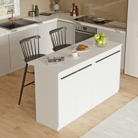 Pier Import – Bar séparation cuisine ouverte blanc – Dimensions 160x60x90 cm – Bois MDF mélaminé résistant aux rayures – 4 portes modernes (1/5)