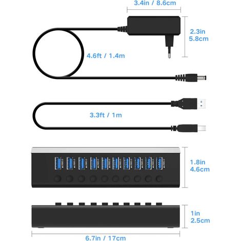Revoluciona tu espacio de trabajo con este avanzado concentrador USB 3.0 de 10 puertos que cuenta con interruptores individuales e indicadores LED, compatible con PC y portátiles.