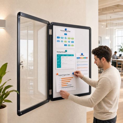 Vitrine murale noire 90 x 65 cm avec façade PET transparente, fond magnétique inscriptible et serrure pour bureau, école et hall (1/5)