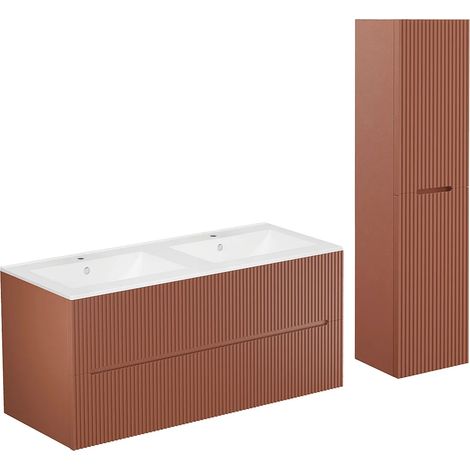 Meuble de salle de bain suspendu avec vasque à encastrer et colonne - Strié terracotta - 120 cm - PAVANI (1/5)