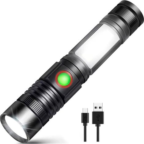 Lampe torche LED rechargeable USB puissante, lampe torche COB portable et zoomable de style militaire pour les ateliers de réparation automobile, le camping et les projets de bricolage (batterie recha (1/4)