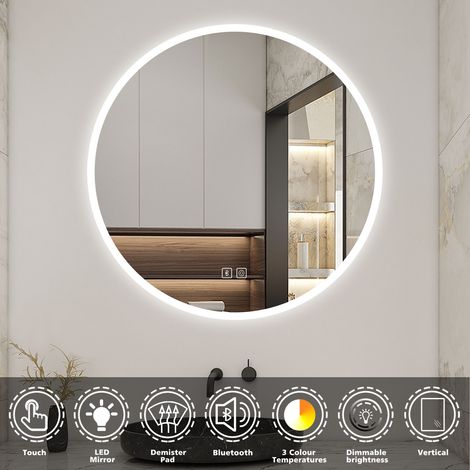 Acezanble Round Illuminated Bathroom Mirror with 3 Color LED Lights, Bluetooth Speaker, 70cm, Dimmable, Warm Light, Natural Light And Cold White Light, Anti-fog, Touch Switch, IP44