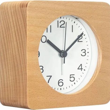 Réveil carré en bois de 10 cm avec chiffres arabes, sans chatouillement,silencieux,rétroéclairé,alimenté par batterie (jaune) (1/4)