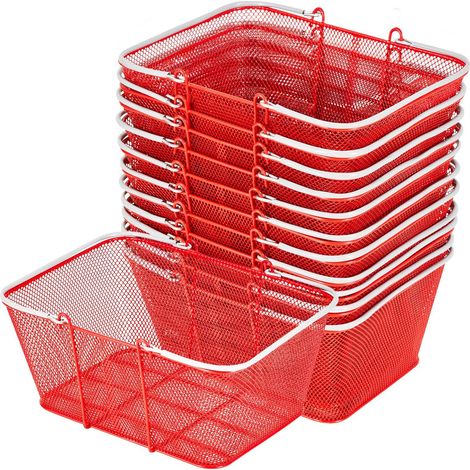 Paniers de courses lot 12, 22 L métal empilable, poignées, maille dense, 20 kg, pour épicerie et librairie, rouge (1/5)