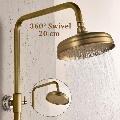 Esip – Colonne de douche thermostatique laiton antique – Pommeau effet pluie 20 cm – Douchette à main flexible 150 cm – Montage mural réglable