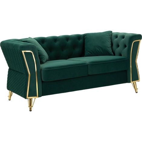 Dmora - Divano fisso 2 posti Acre, Sofà dritto, Divanetto per salotto, Poltrona matrimoniale, 162x83 h76 cm, Verde e Oro