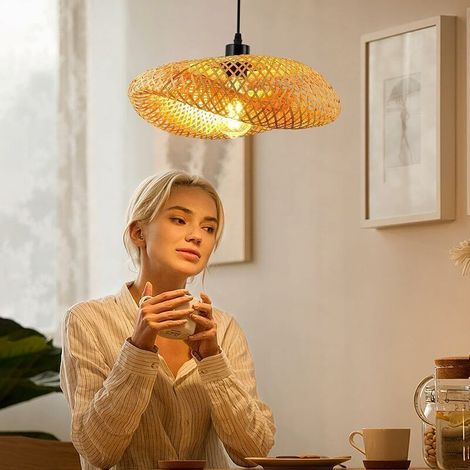 Luminaire Plafonnier RéTro,Chapeau Bambou Suspension Rotin 40Cm Tissage Plafonnier Salle De Bain E27 CréAtivité éClairage De Plafond Pour Salle À Manger Salon Restaurant--