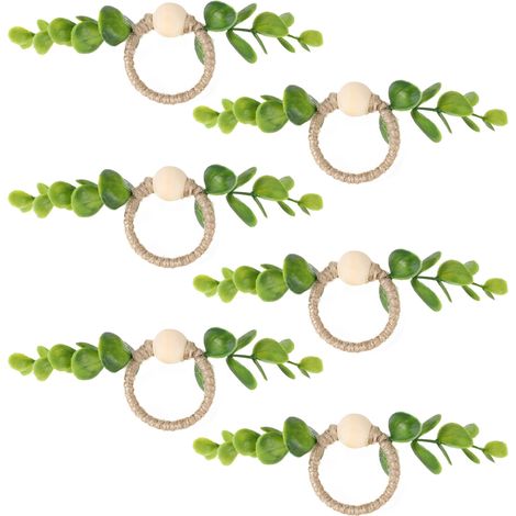 Serviettenringe – 6er-Set – Durchmesser 4,2 cm – Jutegewebe mit dekorativen Eukalyptusblättern – Rustikaler Stil – Für Hochzeiten, Partys und alltägliche Abendessen (1/5)