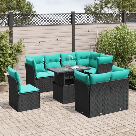 9-teiliges Gartensofa-Set mit Kissen, schwarzes Polyrattan (1/5)