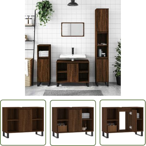 The Living Store Armoire salle de bain chêne marron 80x33x60cm bois d'ingénierie - Meuble De Salle De Bain - Armoire De Salle De Bain - Rangement Salle De Bain - Commode Salle De Bain - Mobilier Salle (1/5)