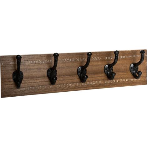 Atmosphera – Patère murale 5 crochets 49cm en fer et MDF – Style ethnique moderne – Fixation murale pour espaces confinés
