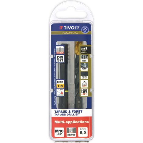 Tivoly - Maschiatrice e Punte Multi-applicazioni [HSS-GUN-DIN371-6H] + [HSS-TiN-DIN338-Affilatura a croce-Asta con 3 superfici piane] (Custodia in plastica) / Ø: 10 X 1.5 (1/2)
