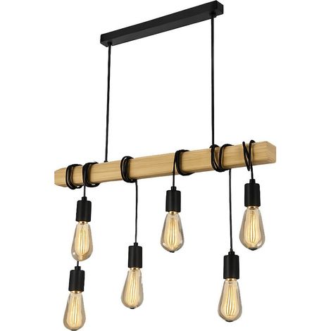 TrAdE Shop Traesio - Lampadario Sospensione Legno Stile Industriale 6 Portalampada E27 Lampada Cucina B47-6 - (1/5)