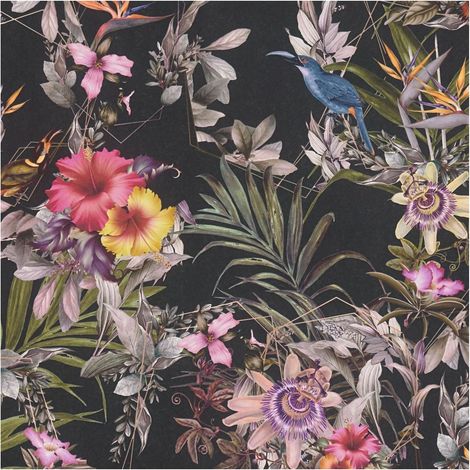 Flowers wallcovering wall Profhome 381781 smooth non-woven non-textured wallpaper with floral ornaments matt black orange green pink 5.33 m2 (1/5)