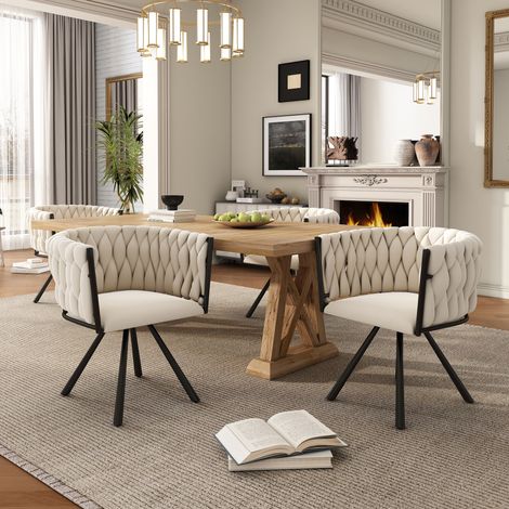 Lot de 6 fauteuils de salle à manger en velours beige clair, pivotants avec assise tournante sur 4 pieds métalliques, idéal pour salon ou chambre