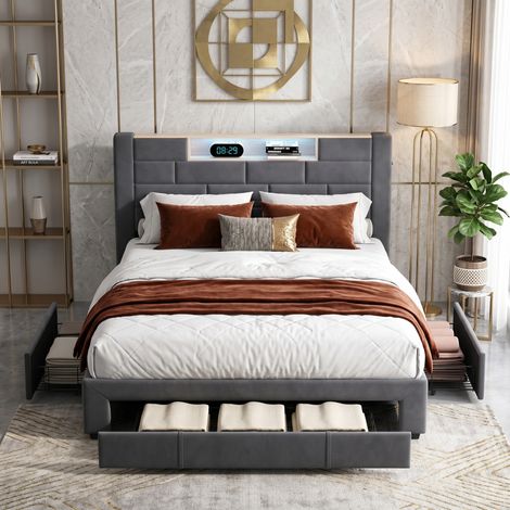 Superaly Lit Double Capitonné 160x200 cm, Lit Adulte avec 3 Tiroirs de Rangement, Tête de Lit Ouverte avec éclairage LED, Ports USB et Type-C des deux côtés de la tête de lit, Velours, Gris (1/5)