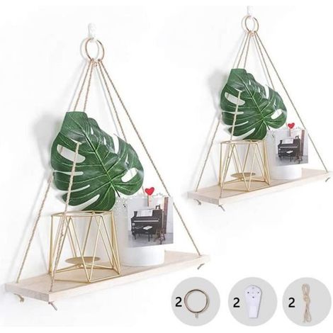 Étagère Suspendue - - 2Pcs - Bois - Corde Jute - Flottante (1/4)