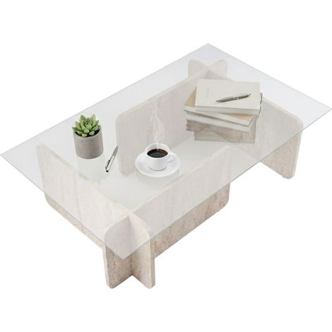 Dmora - Wohnzimmertisch Rhysand, Niedriger Wohnzimmertisch, Kaffeeregal, Couchtisch für Sofa, 105x65 h30 cm, Beige und Marmor