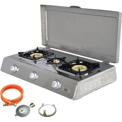 NSD-3C Edelstahl Camping Gaskocher 3 flammig mit Deckel, Zündsicherung