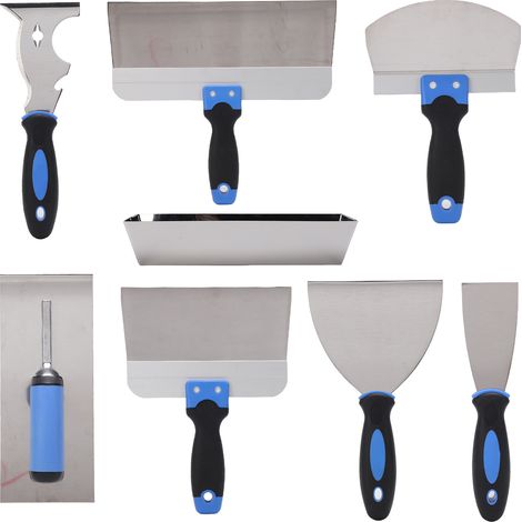 Ensemble d'outils pour cloisons sèches 8 pièces, ensemble de boue en acier inoxydable avec poêle de 14", grattoirs de 8"/12", truelle à arc de 6,5", spatules à mastic de 2"/3"/5", truelle de finition (1/5)
