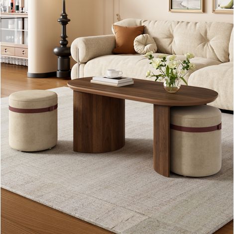 Tavolino ovale con 2 sgabelli, MDF e legno di pino, colore noce HAVRYA (1/5)