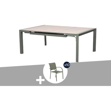 Table de jardin carrée extensible alu Evasion 8/10 places effet bois lin et laurier + 10 fauteuils Piazza - Hespéride
