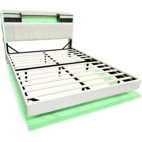 CAIziLit rembourré 160x200 cm, LED USB, tête de lit rangement, lin beige (1/5)