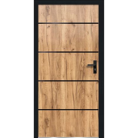 Porte d'entrée en acier pleine et inox H208.5 x L105 cm effet chêne - épaisseur 90 mm - poussant gauche - NAXARA (1/4)