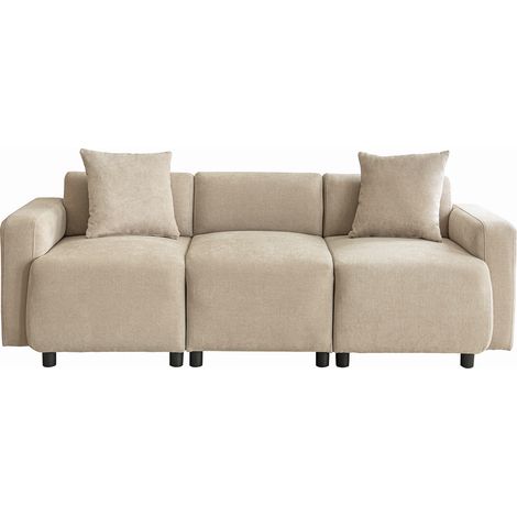 Canapé 3 places beige en tissu, assise large de 57 cm, dossier haut, 2 coussins inclus, style designer pour salon, chambre ou bureau  CHICFURN (1/5)